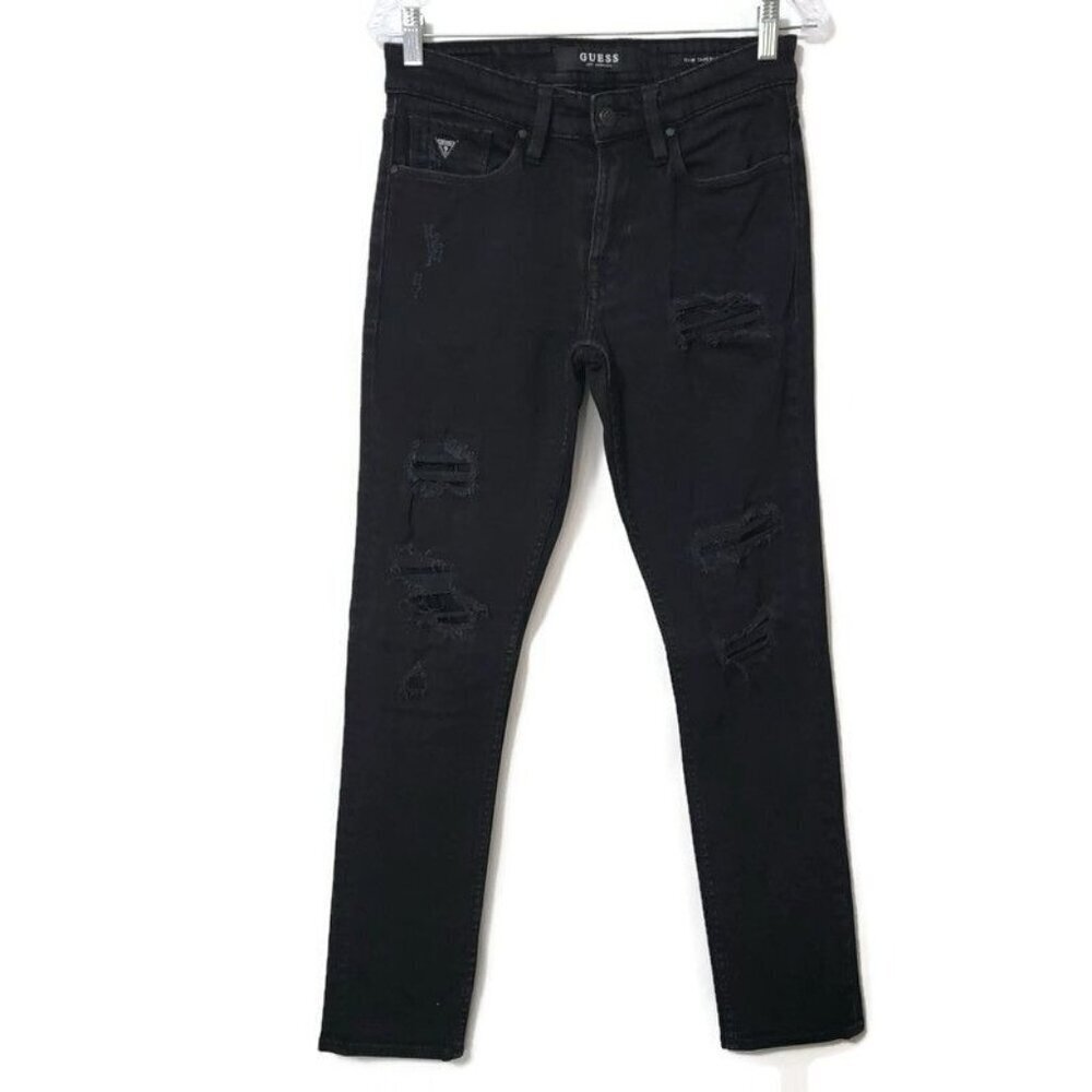 Guess Jeans 30x32 Mens Black Slim Tapered Torn Distressed Moto Ripped Denim